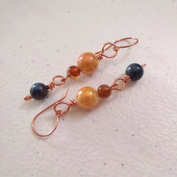 Fall Magic!  Blue Lapis, Brown Agate & Tangerine Ceramic Beads Earrings - Picture 1 of 11